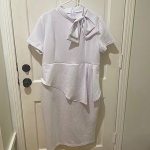 Never worn! Short sleeve white dress w bow collar & flattering waist detail